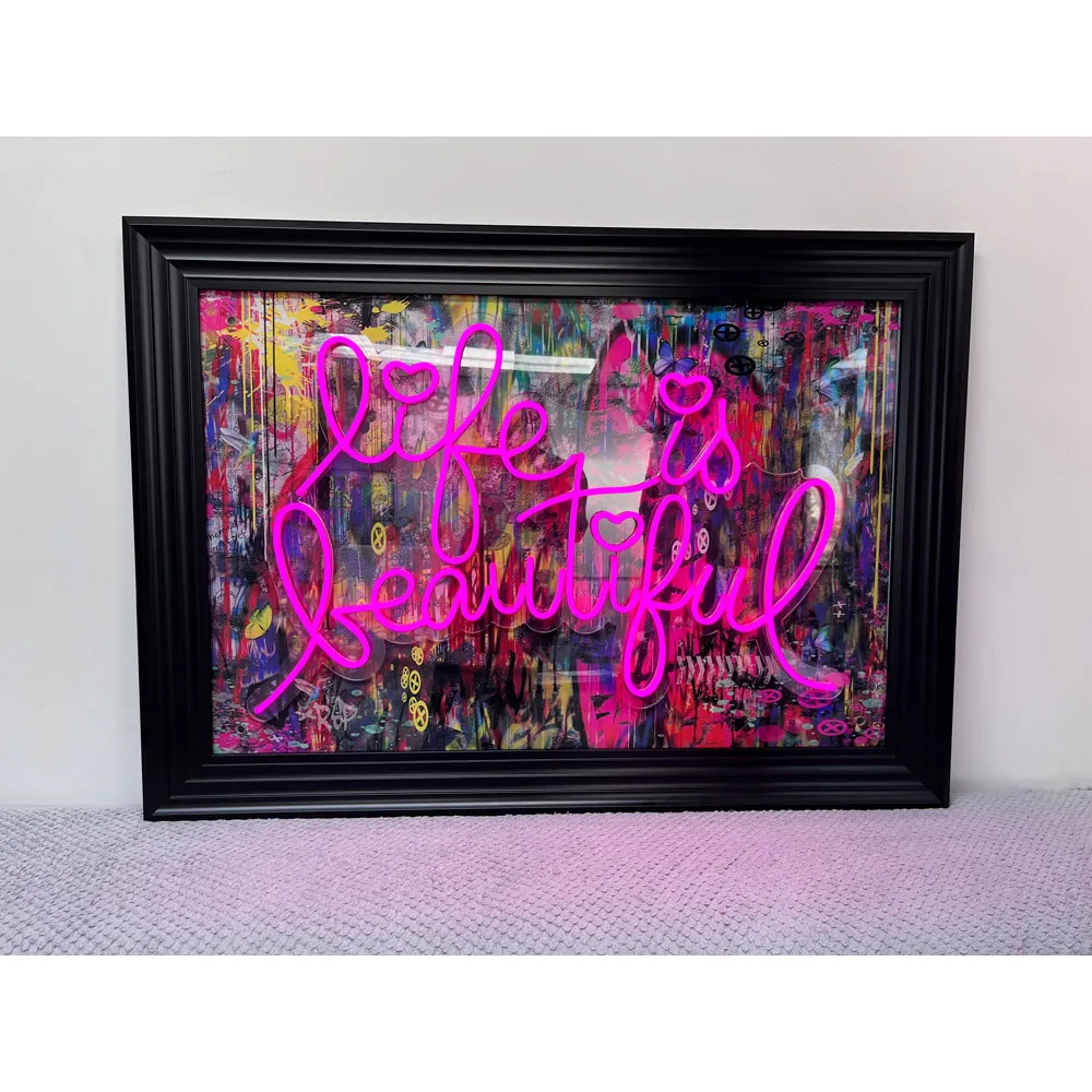 Life Is Beautiful LED Neon Wall Art - Black Frame