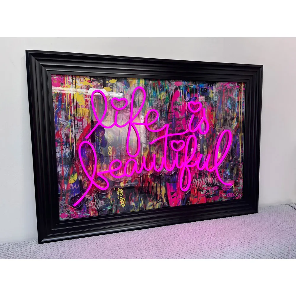 Life Is Beautiful LED Neon Wall Art - Black Frame