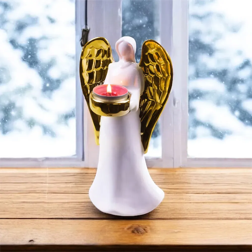 Standing Ceramic Angel Tealight Holder - Gold