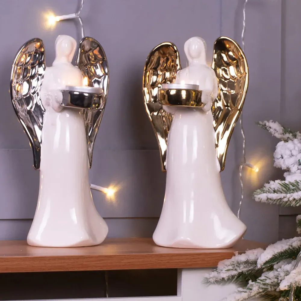 Standing Ceramic Angel Tealight Holder - Gold