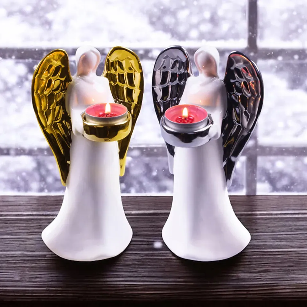 Standing Ceramic Angel Tealight Holder - Gold