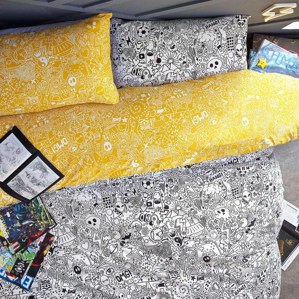 Double Multicolour Doodles Duvet Cover Set - Yellow, Polycotton
