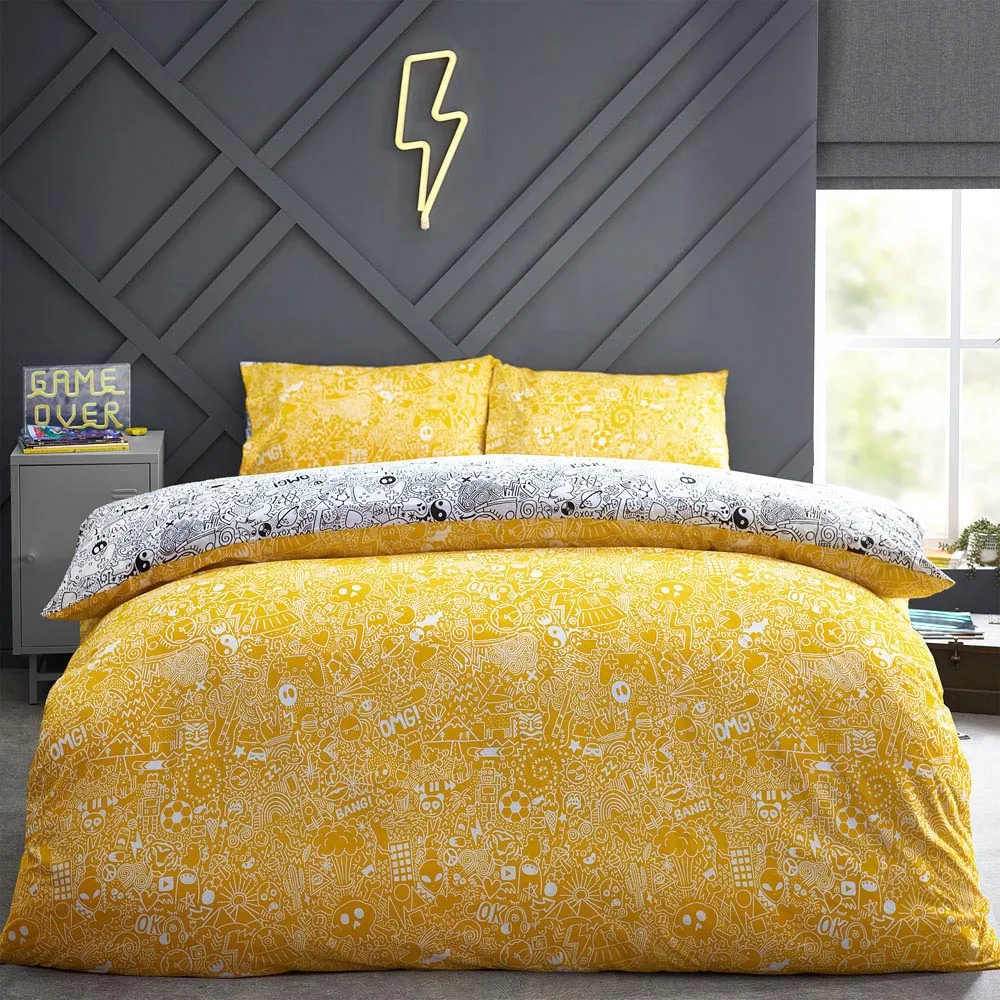 King Size Multicolour Doodles Duvet Cover Set - Yellow, Polycotton