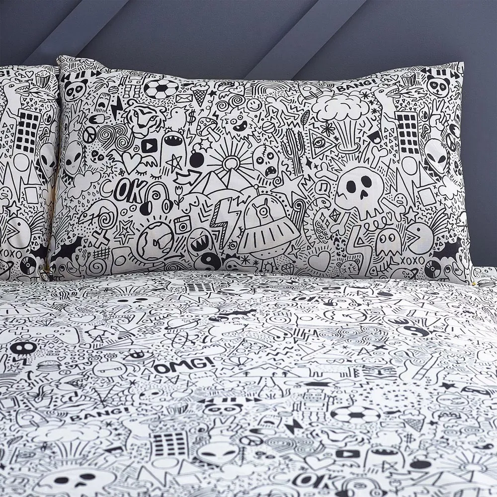 Single Multicolour Doodles Duvet Cover Set - Multi, Polycotton
