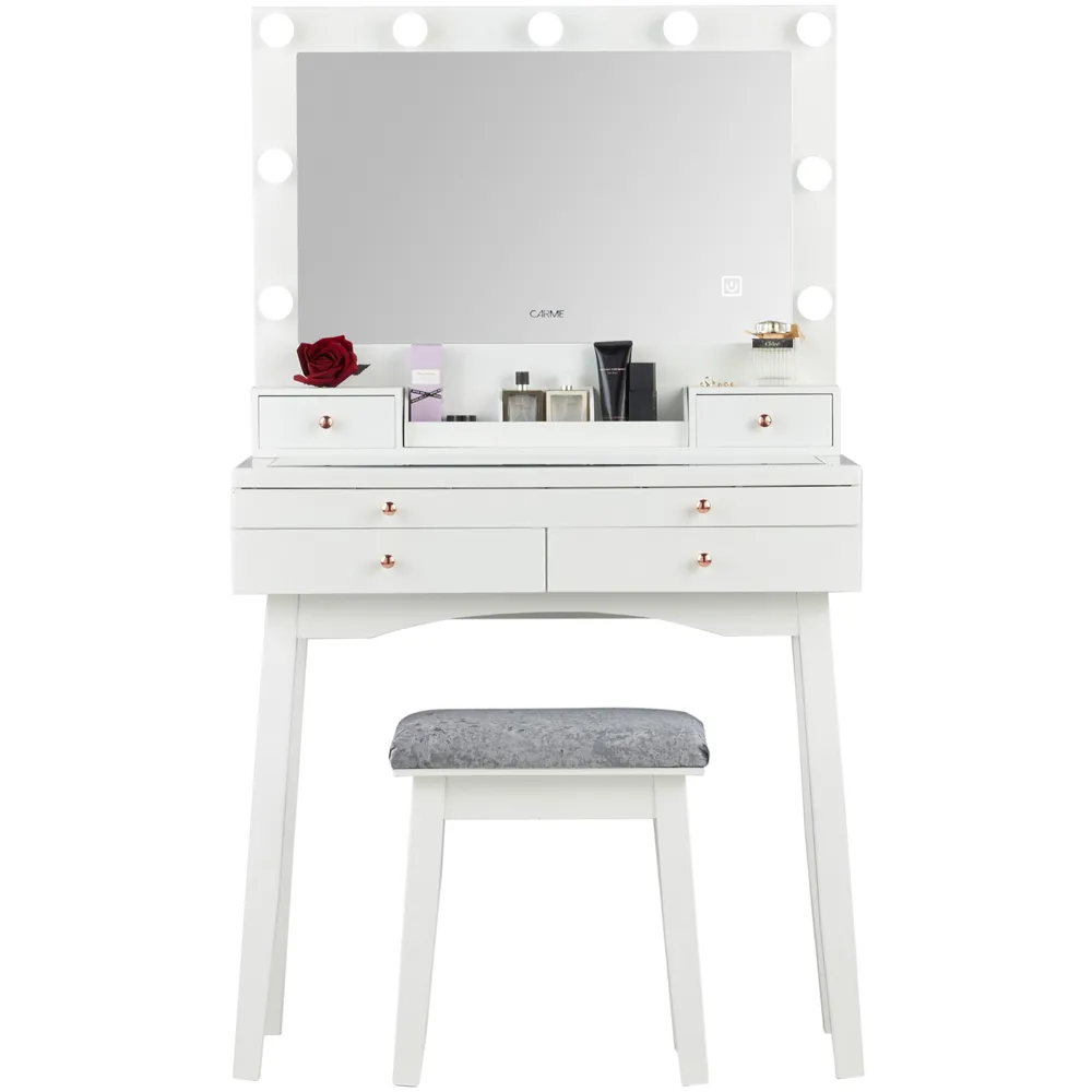 Taylor 4 Drawer Dressing Table Set with LED Mirror - White