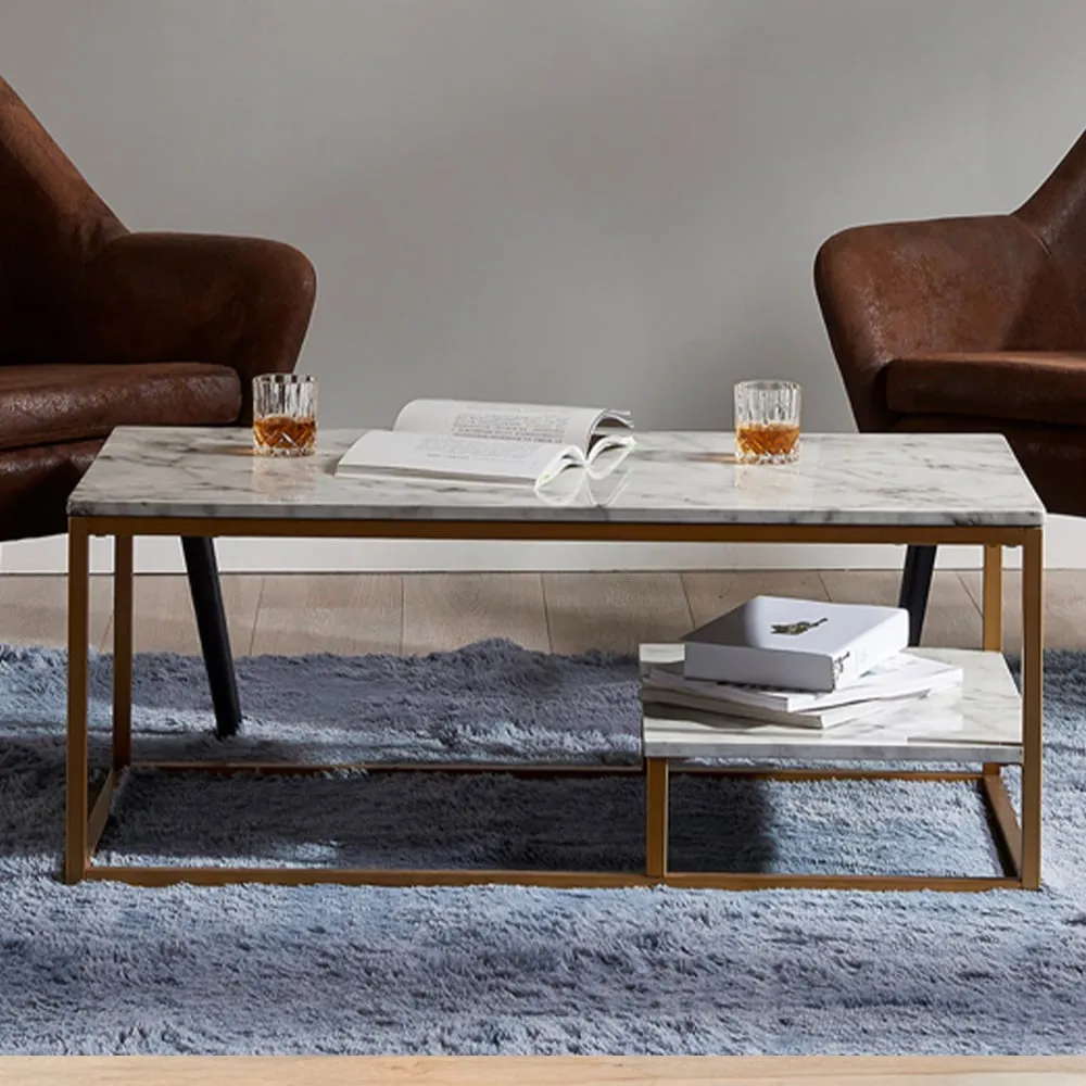 Marmo Coffee Table with Shelf - Brown, Faux Marble image