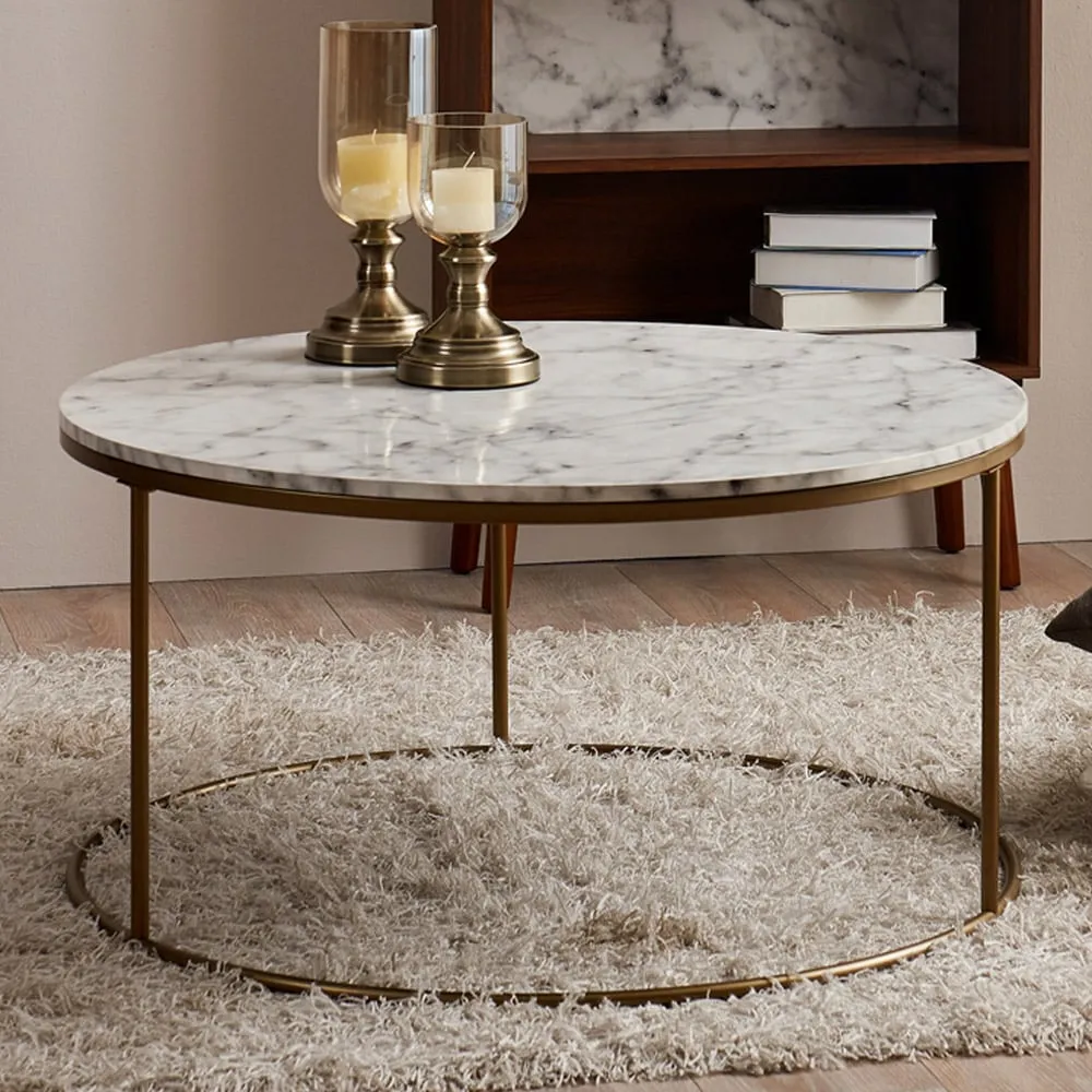 Marmo Round Coffee Table - White, Faux Marble
