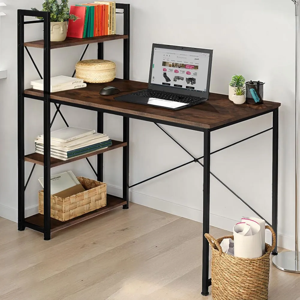 3 Compartment Industrial Desk with Integrated Shelf - Brown image