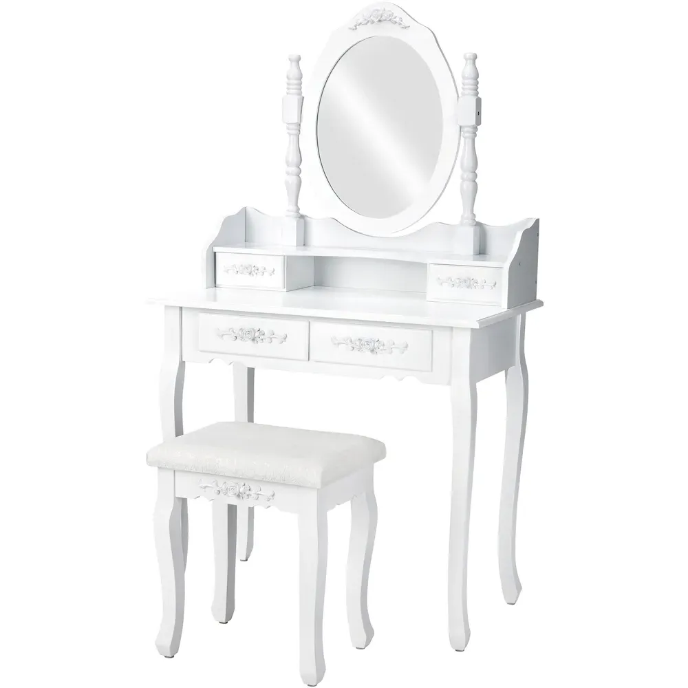 4 Drawer Antique Dressing Table Set with Mirror - White