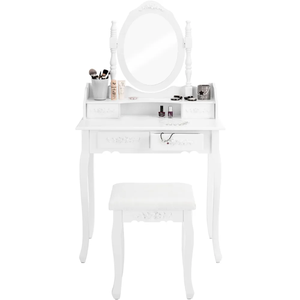 4 Drawer Antique Dressing Table Set with Mirror - White
