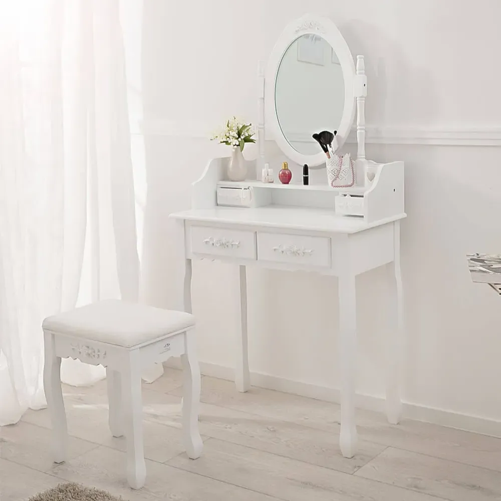 4 Drawer Antique Dressing Table Set with Mirror - White image