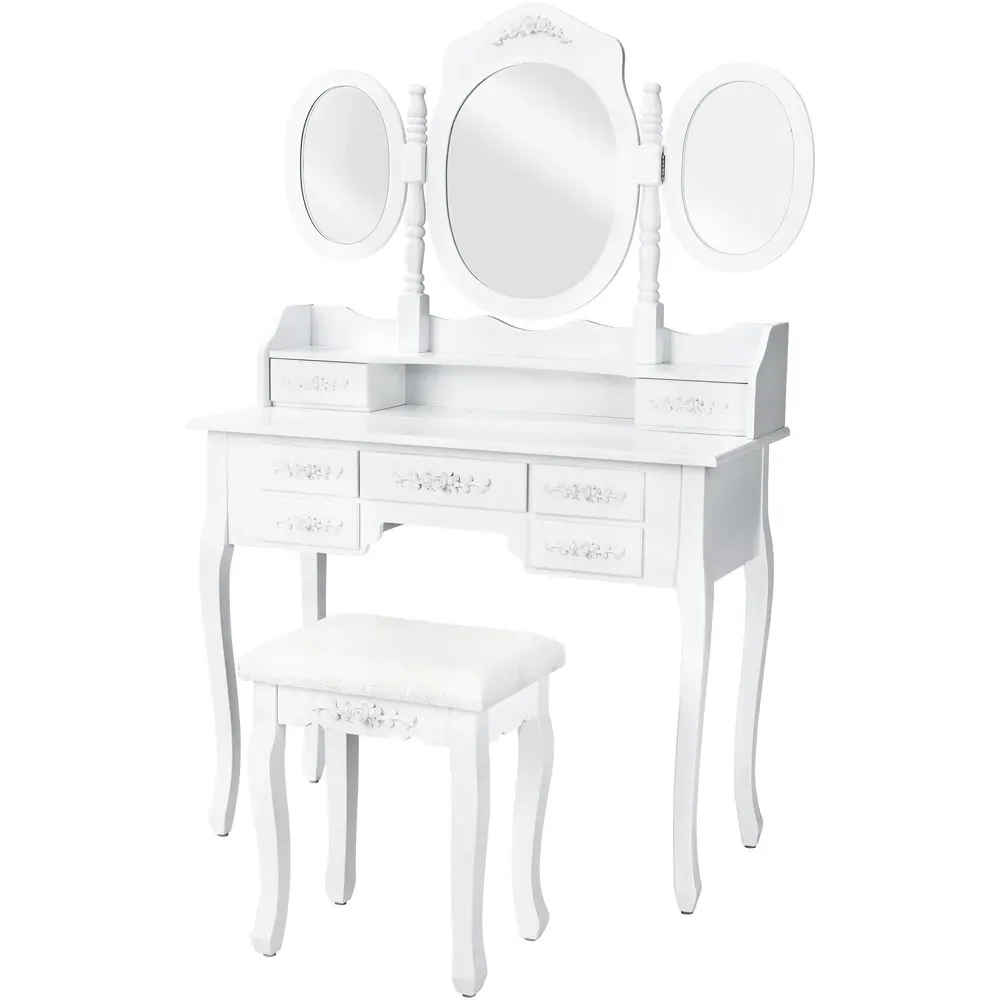 7 Drawer Antique Dressing Table Set with 3 Mirror - White