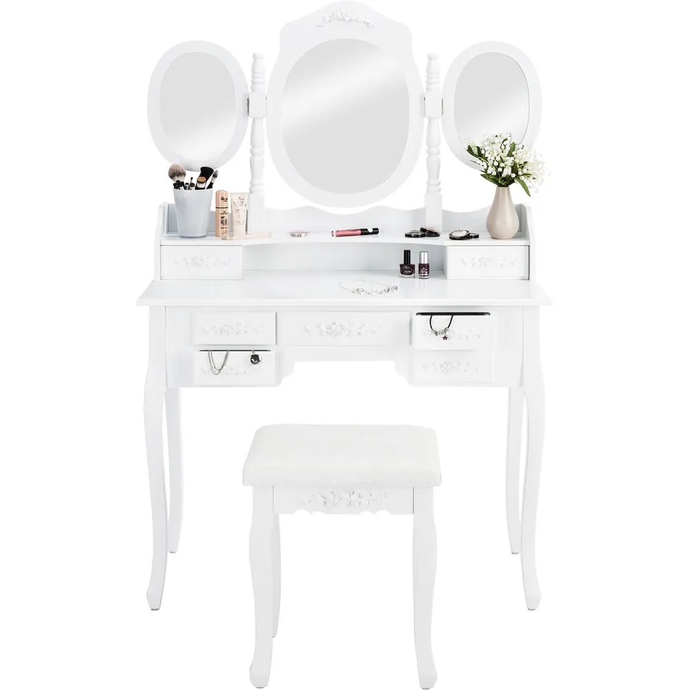 7 Drawer Antique Dressing Table Set with 3 Mirror - White
