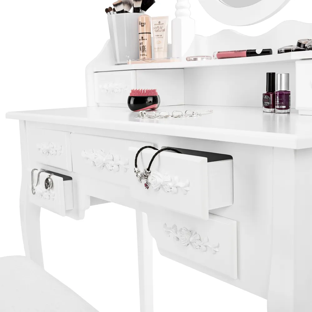 7 Drawer Antique Dressing Table Set with 3 Mirror - White