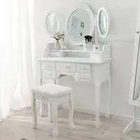 7 Drawer Antique Dressing Table Set with 3 Mirror - White