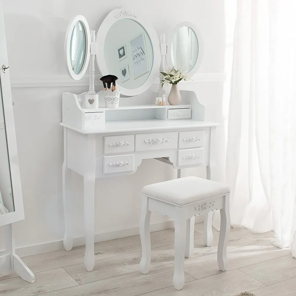 7 Drawer Antique Dressing Table Set with 3 Mirror - White