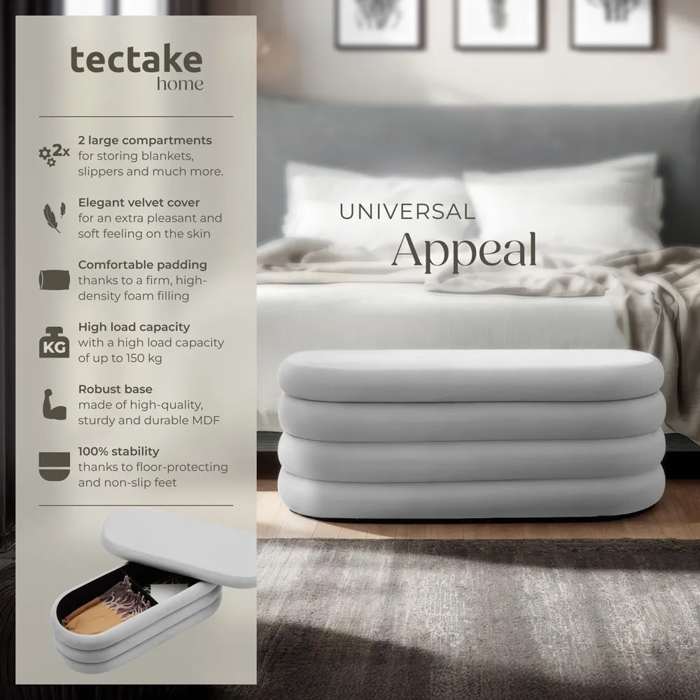 Altu Padded Bench with Storage - Grey, Velvet Boucle