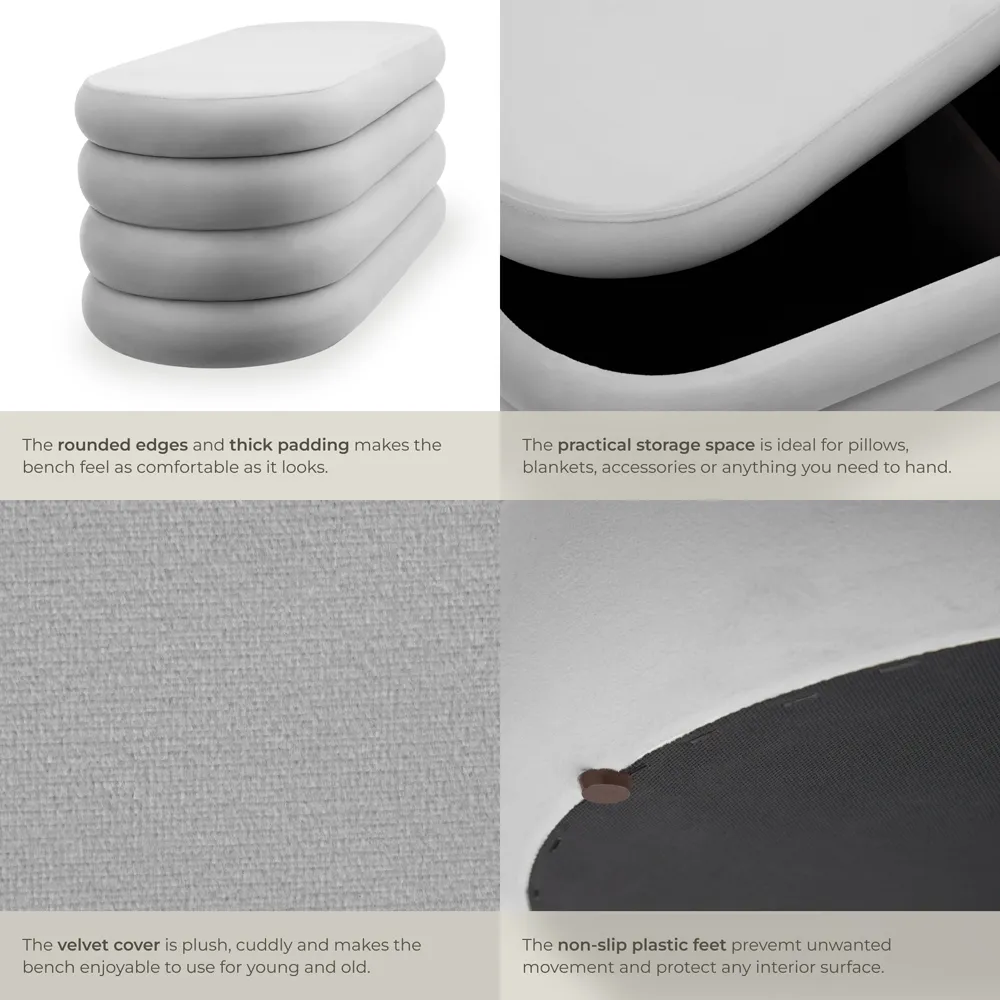 Altu Padded Bench with Storage - Grey, Velvet Boucle