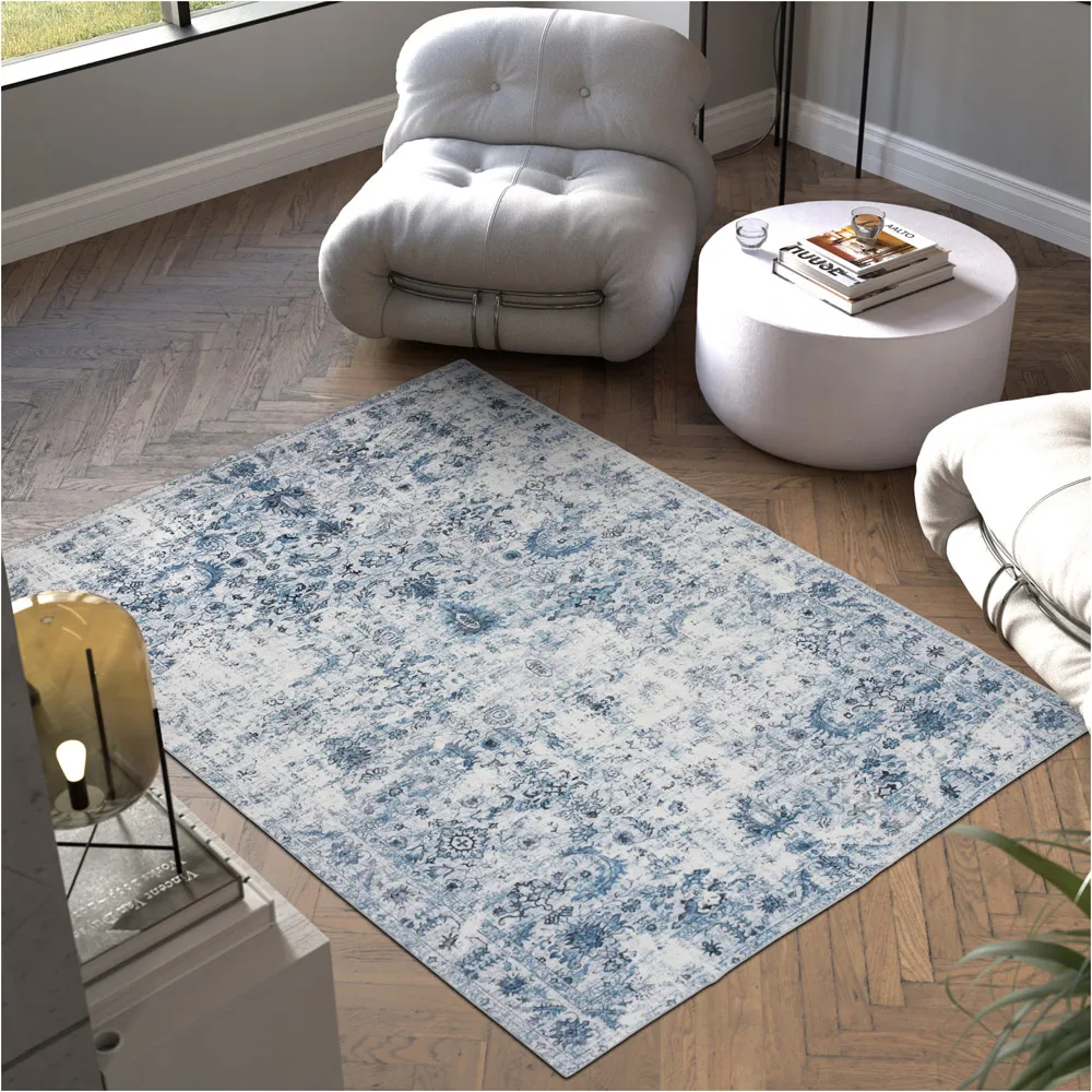 Amara Vintage Non Slip Rug - Blue, Synthetic Wool