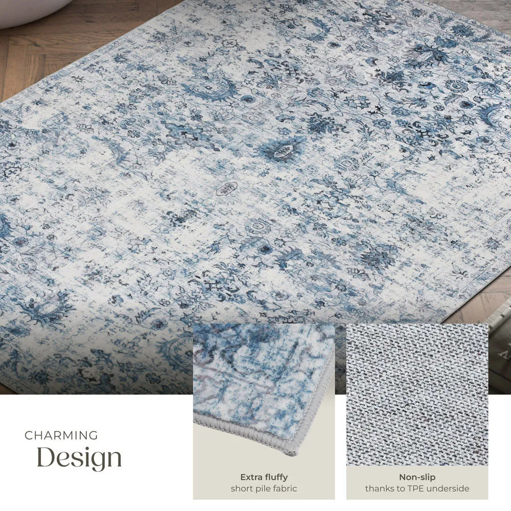 Amara Vintage Non Slip Rug - Blue, Synthetic Wool