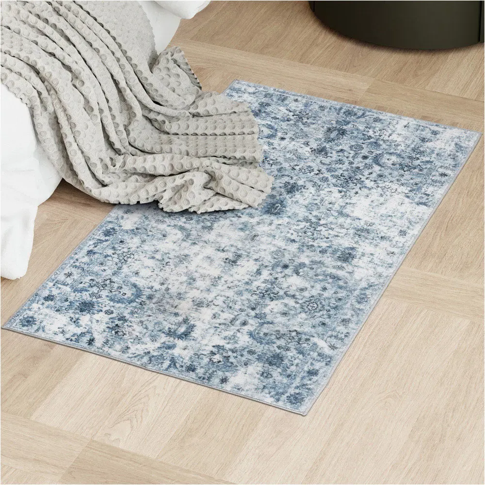 Amara Vintage Non Slip Rug - Blue, Synthetic Wool