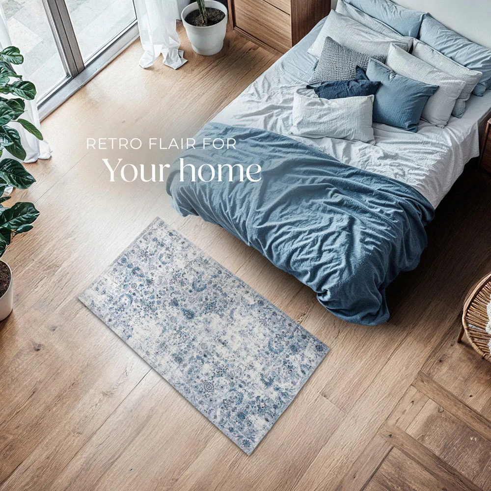 Amara Vintage Non Slip Rug - Blue, Synthetic Wool