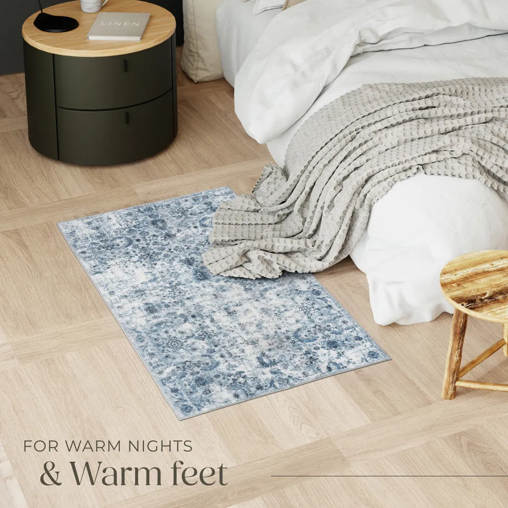 Amara Vintage Non Slip Rug - Blue, Synthetic Wool