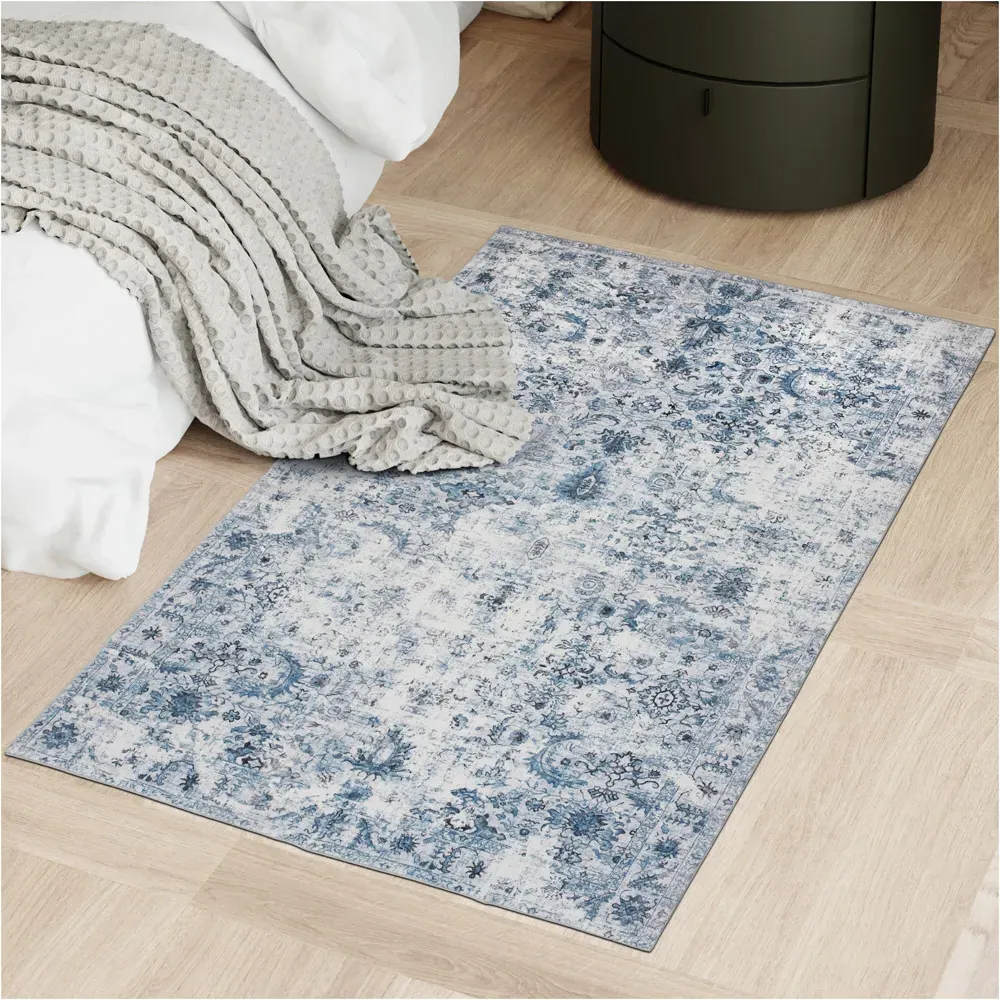 Amara Vintage Non Slip Rug - Blue, Synthetic Wool
