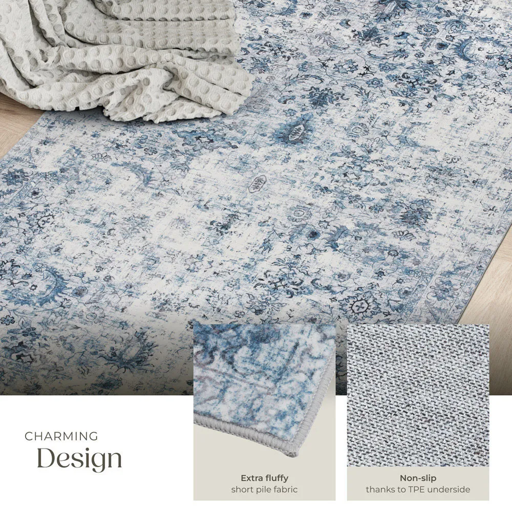 Amara Vintage Non Slip Rug - Blue, Synthetic Wool
