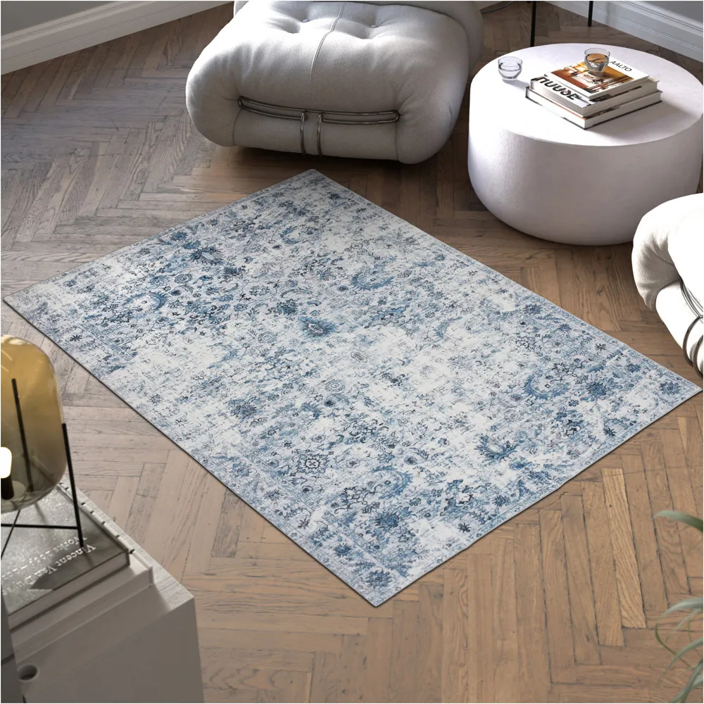 Amara Vintage Non Slip Rug - Blue, Synthetic Wool