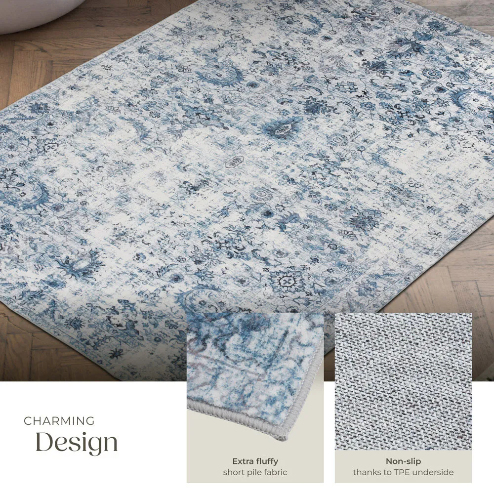 Amara Vintage Non Slip Rug - Blue, Synthetic Wool