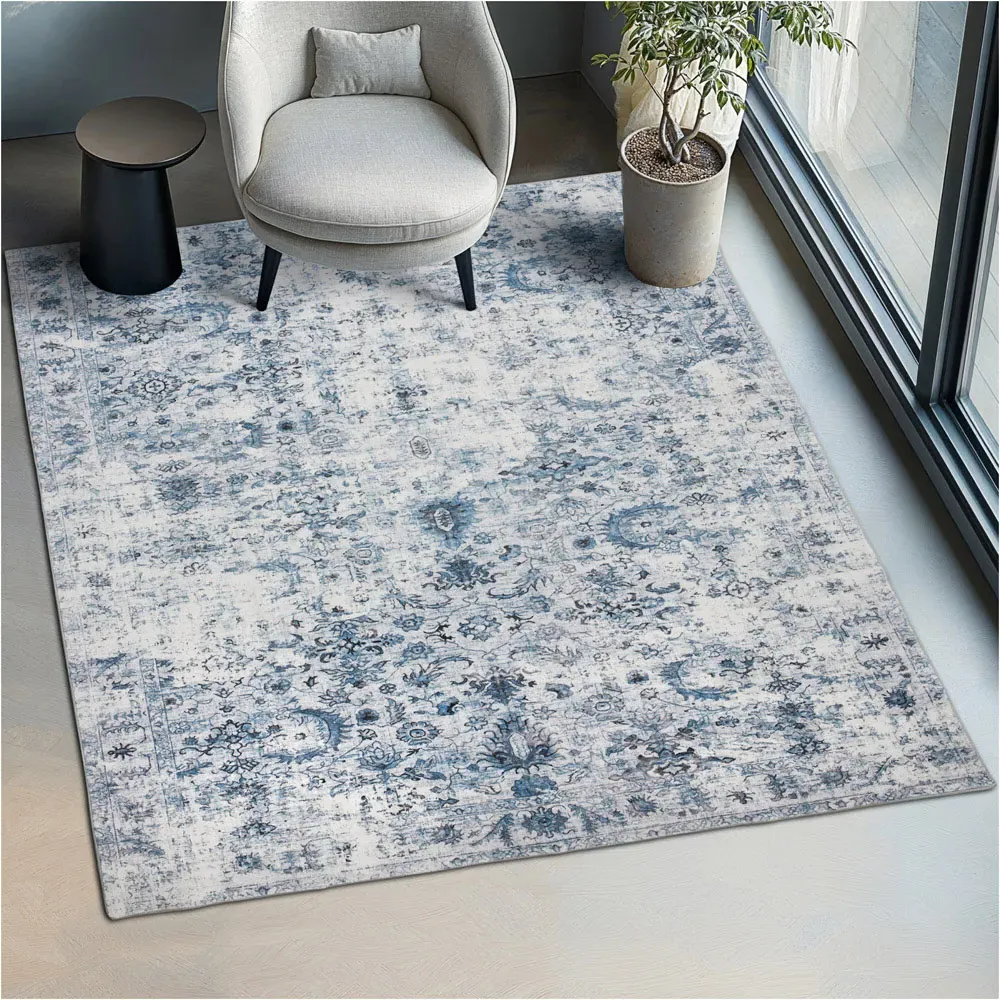 Amara Vintage Non Slip Rug - Blue, Synthetic Wool