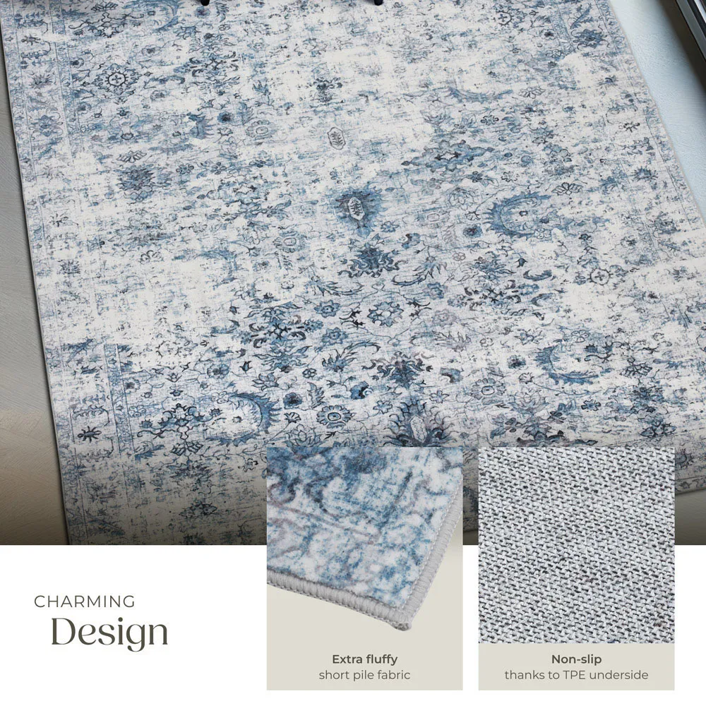 Amara Vintage Non Slip Rug - Blue, Synthetic Wool