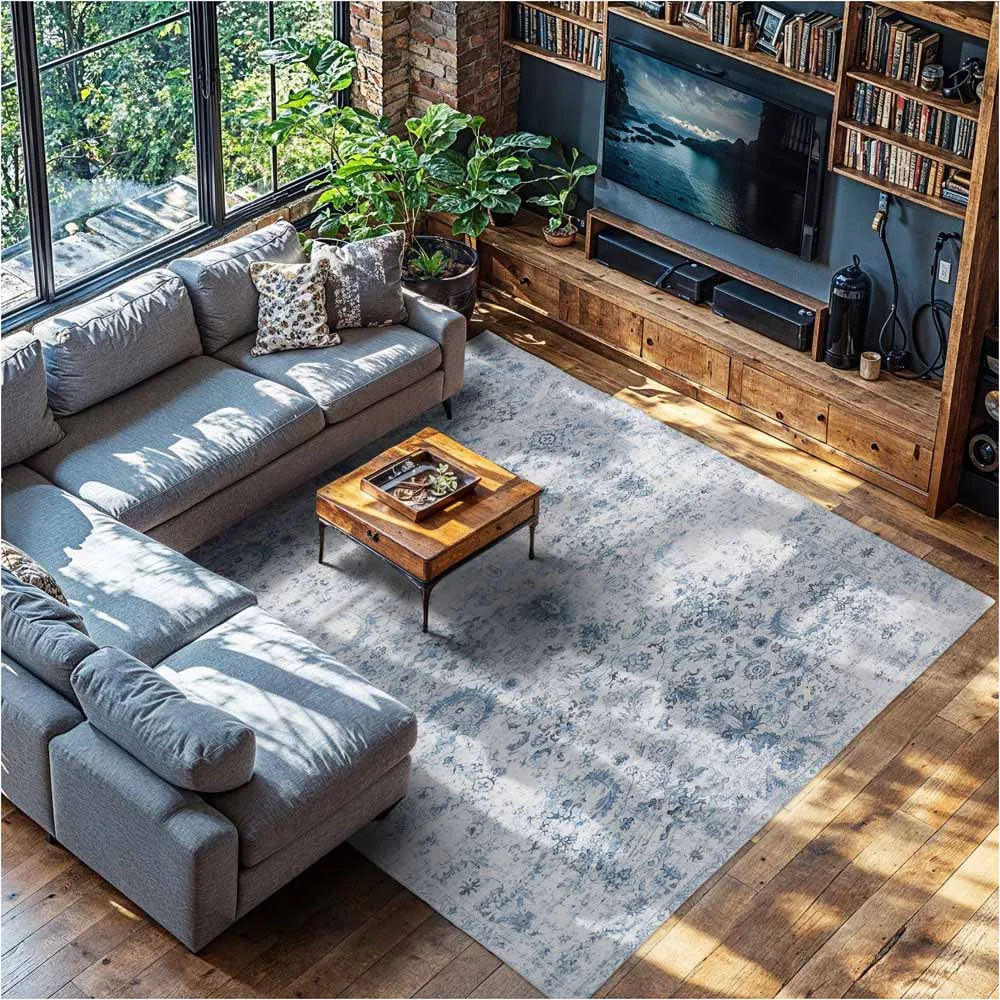 Amara Vintage Non Slip Rug - Blue, Synthetic Wool