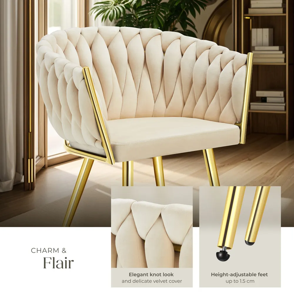 Astano Set of 6 Knot Design Dining Chairs - Sand, Velvet