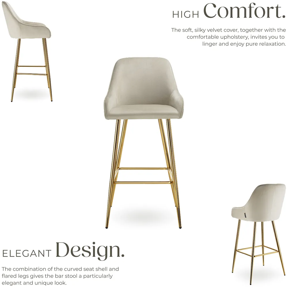 Avane Bar Stool Set of 4 with Backrest - Cream, Velvet