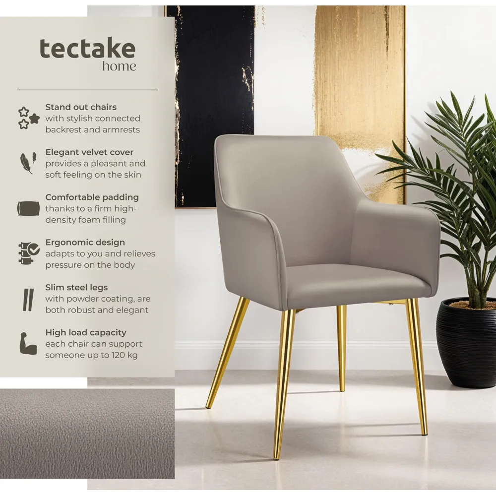 Avane Set of 2 Padded Dining Chairs with Armrests - Taupe, Velvet