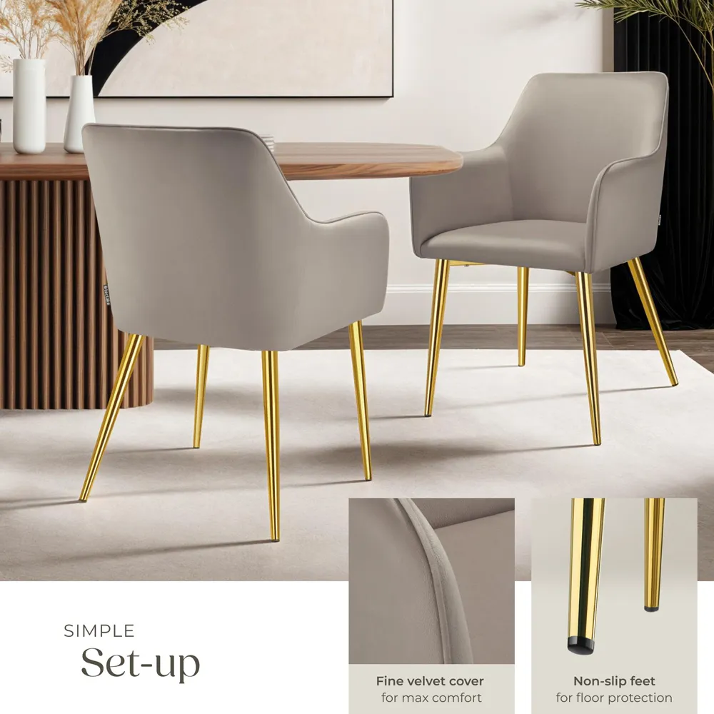 Avane Set of 2 Padded Dining Chairs with Armrests - Taupe, Velvet