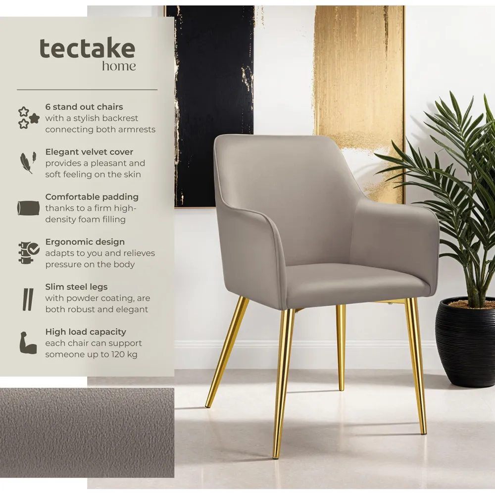 Avane Set of 6 Padded Dining Chairs with Armrests - Taupe, Velvet