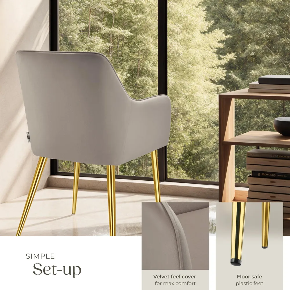 Avane Set of 6 Padded Dining Chairs with Armrests - Taupe, Velvet