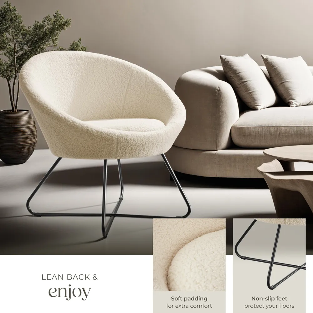 Centera Round Accent Chair - White, Boucle