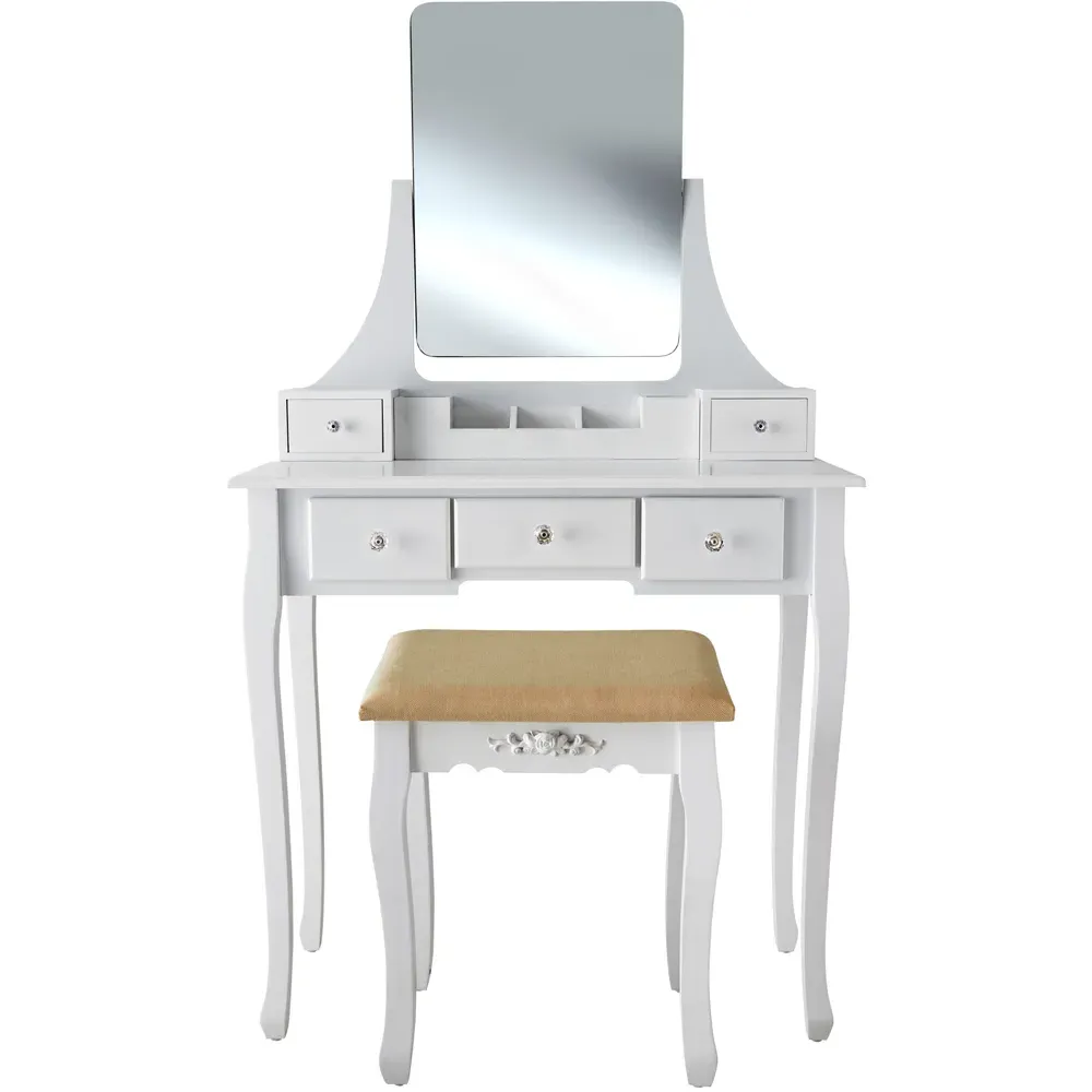 Claire 5 Drawer Dressing Table with Mirror and Stool - White
