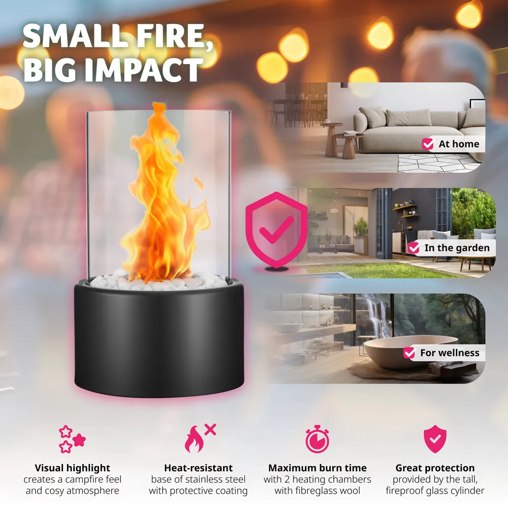 Damine Tabletop Bioethanol Fireplace - Black, Stainless Steel