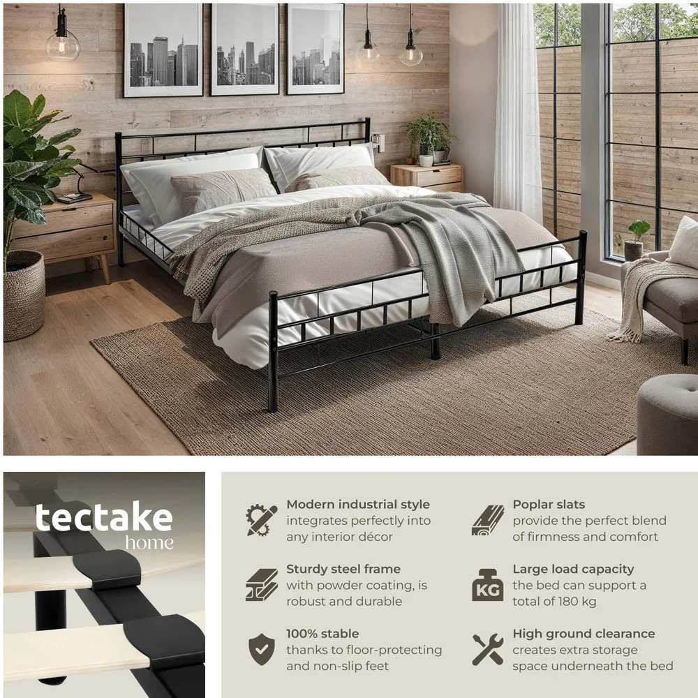 Double Metal Bed Frame with Slatted Base - Black