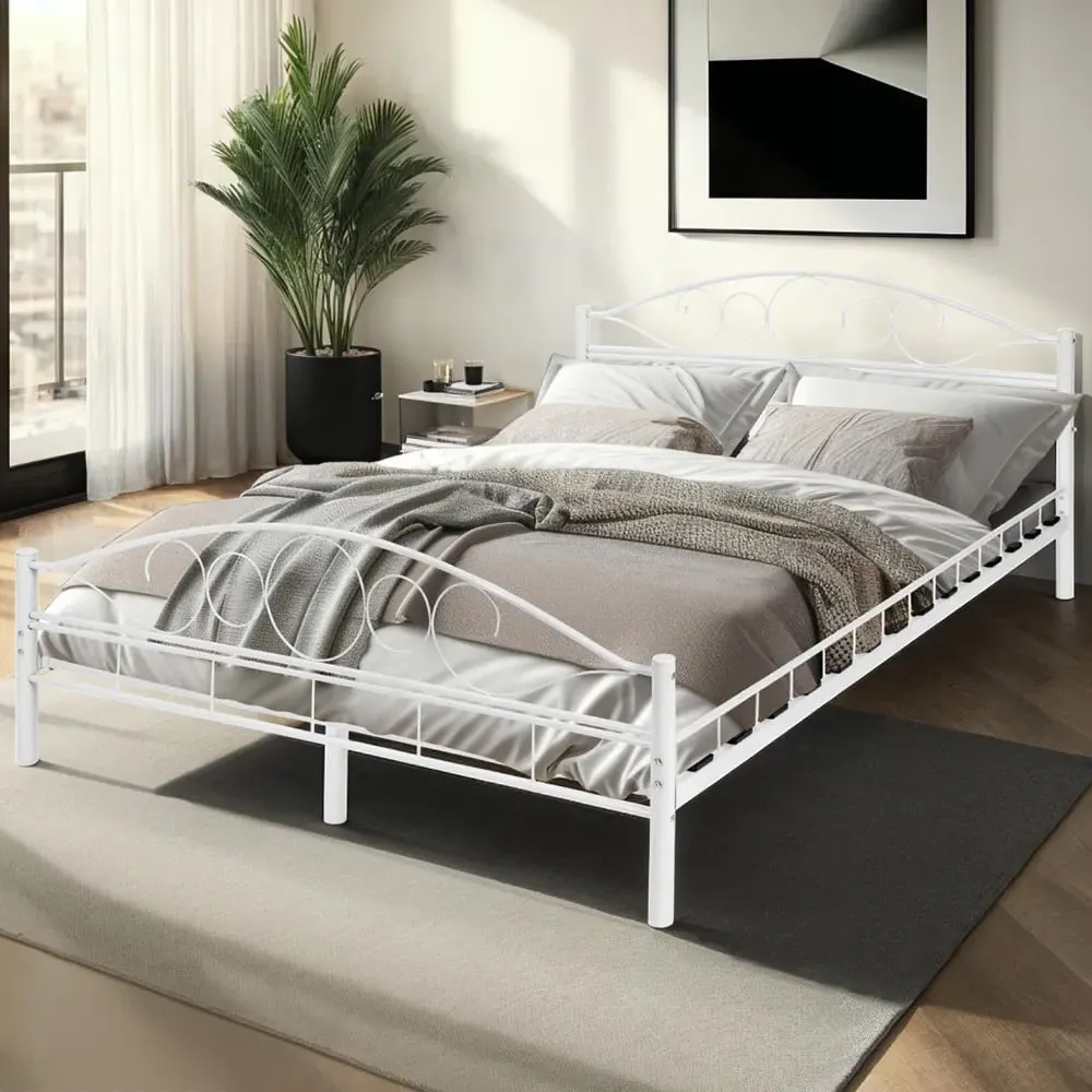 Double Metal Bed Frame with Slatted Base - White
