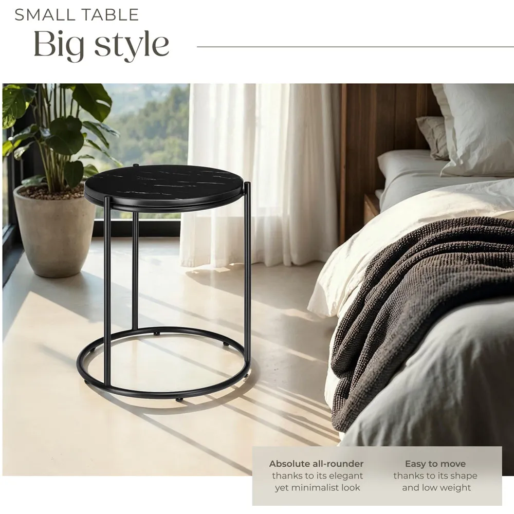 Ellsa Round Side Table - Black, Marble