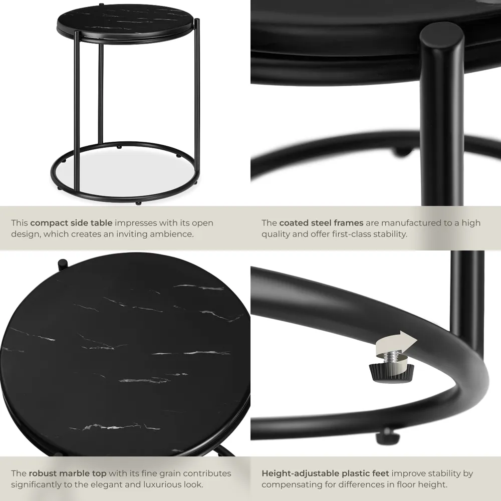 Ellsa Round Side Table - Black, Marble