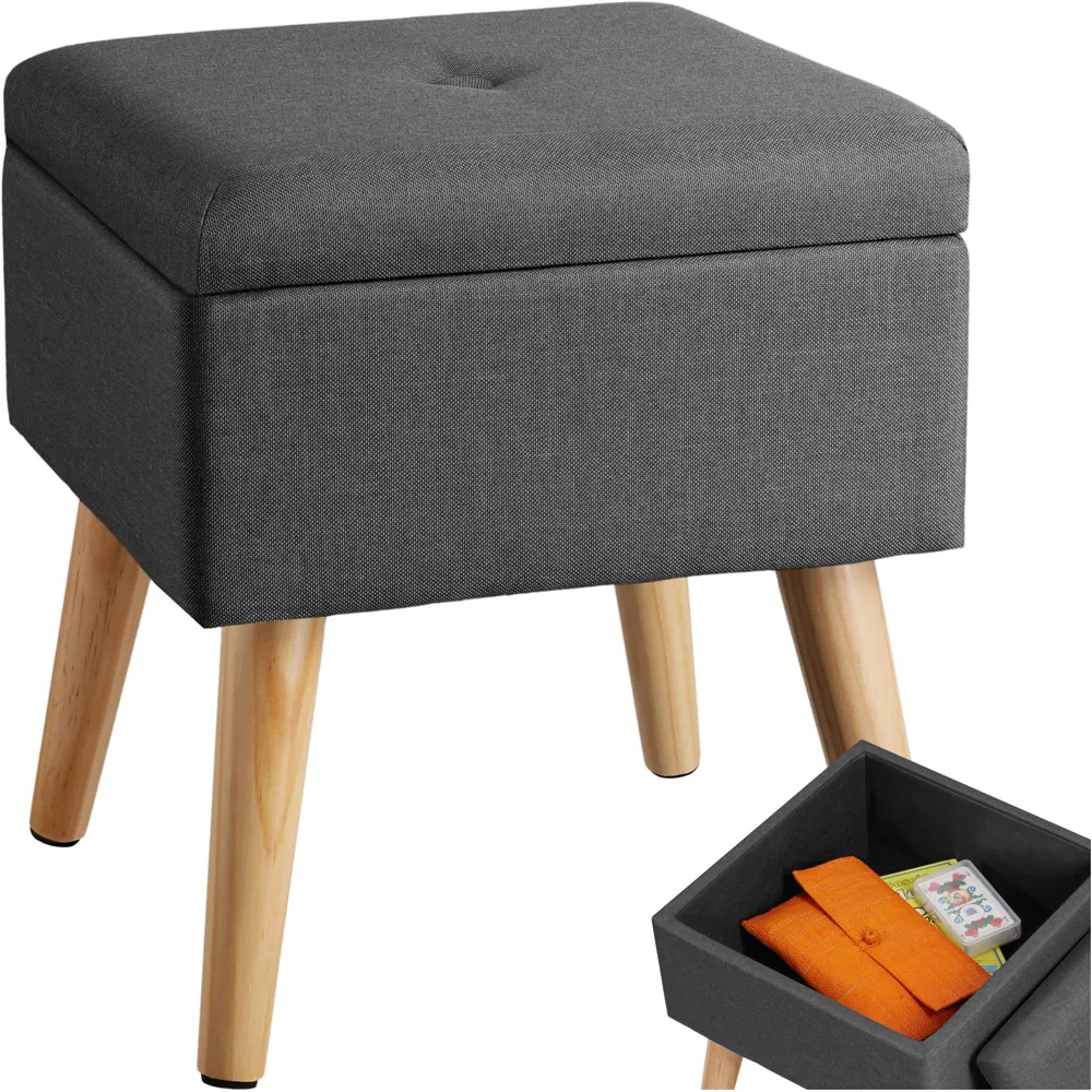 Elva Padded Stool with Storage - Dark Grey, Linen Look
