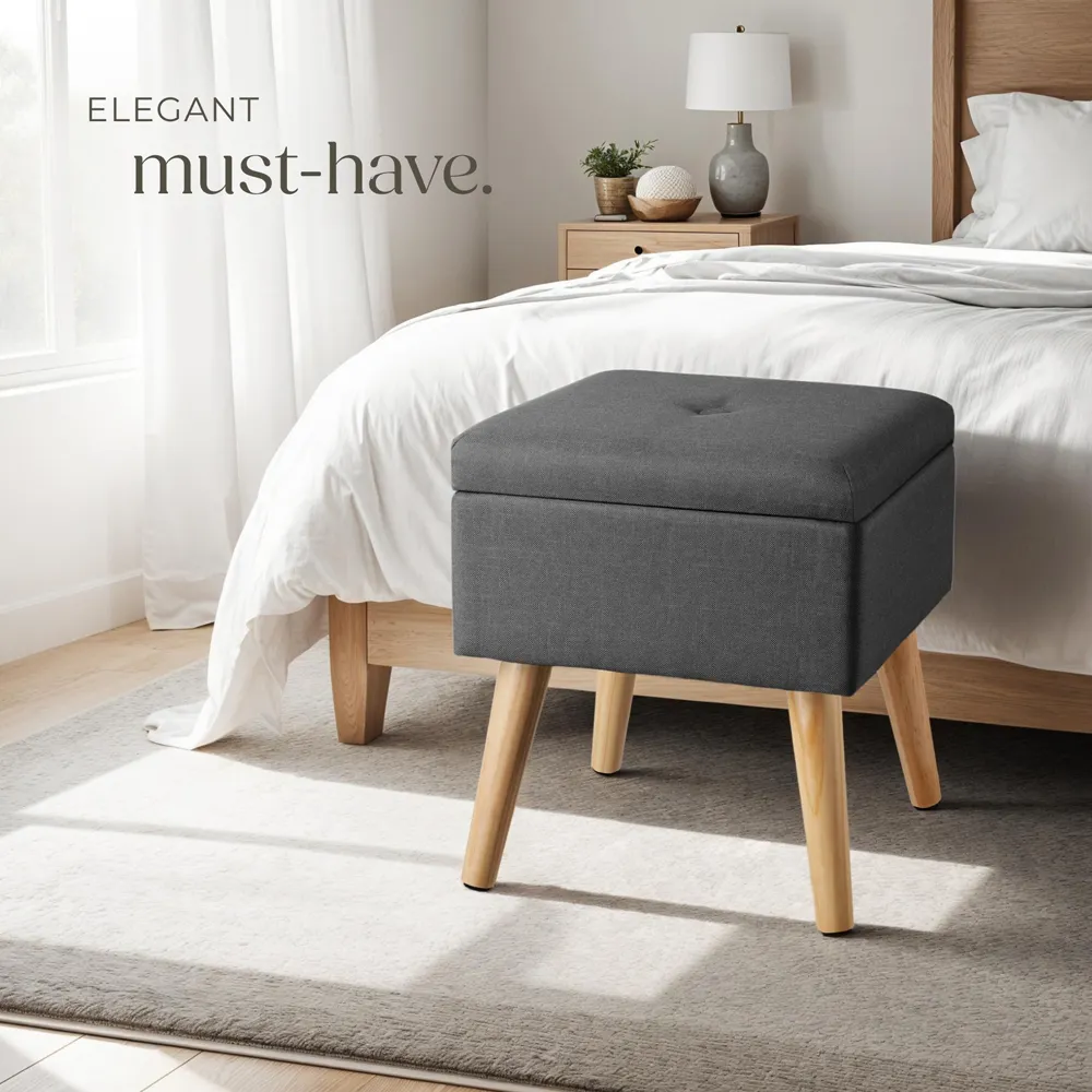 Elva Padded Stool with Storage - Dark Grey, Linen Look