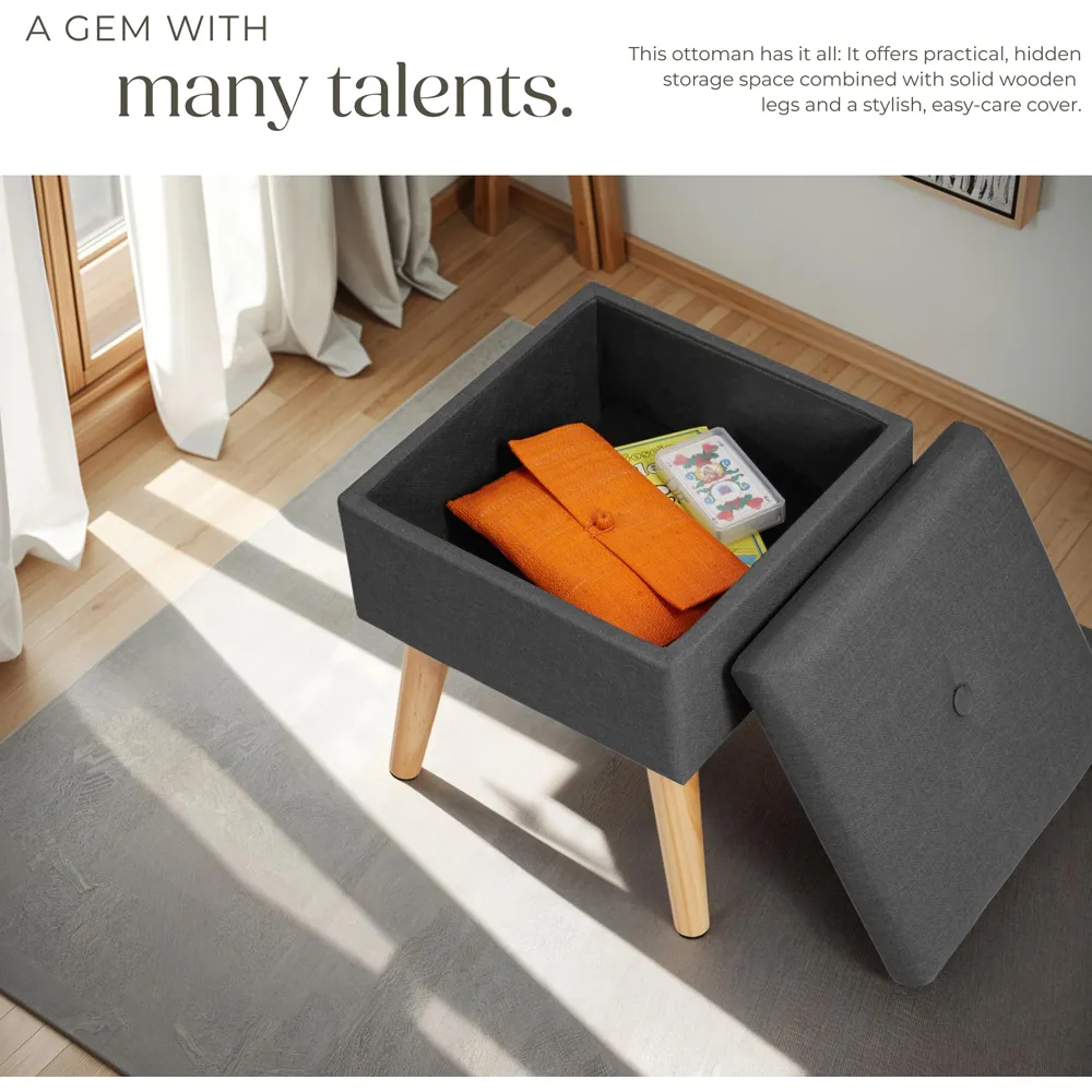 Elva Padded Stool with Storage - Dark Grey, Linen Look